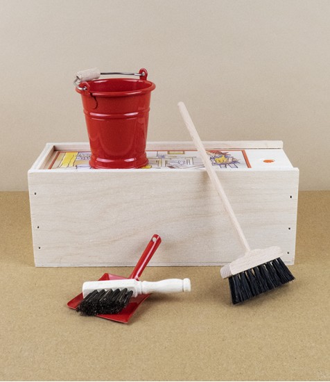 Doll's Miniature Broom Set in Wooden Case
