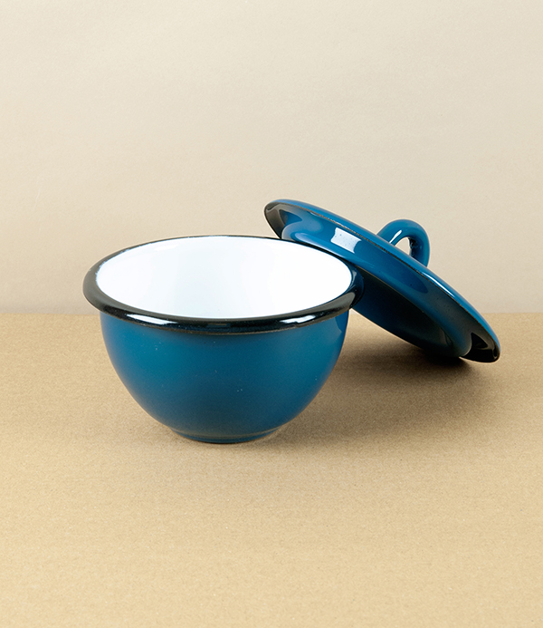 Ukrainian Lidded Enamel Bowl, 10cm, Blue