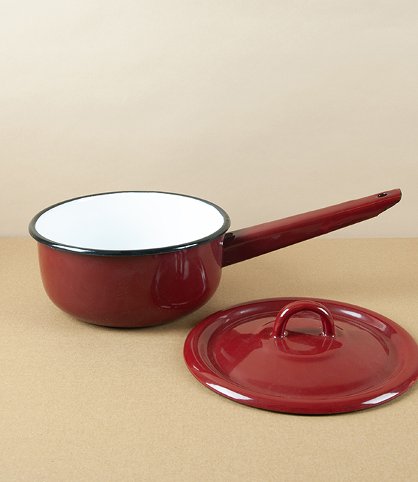 Ukrainian Enamel Lidded Saucepan, Dark Red
