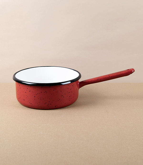 Romanian Enamel Saucepan, Red with Black Speckle