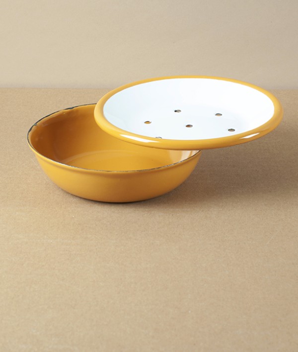 Enamel Circular Soap Dish with Drainer, Yellow