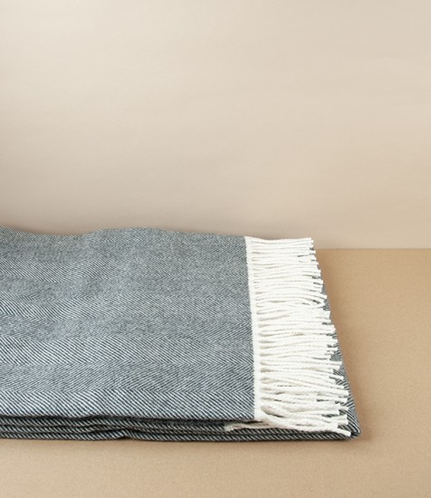 Finnish Merino Herringbone Blanket, White & Dark Grey