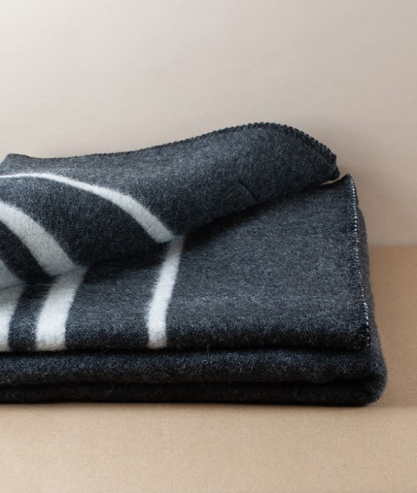 Finnish Thick Wool Blanket with Stripes, Dark Grey & White