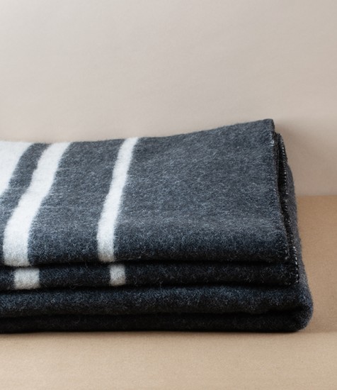 Finnish Thick Wool Blanket with Stripes, Dark Grey & White