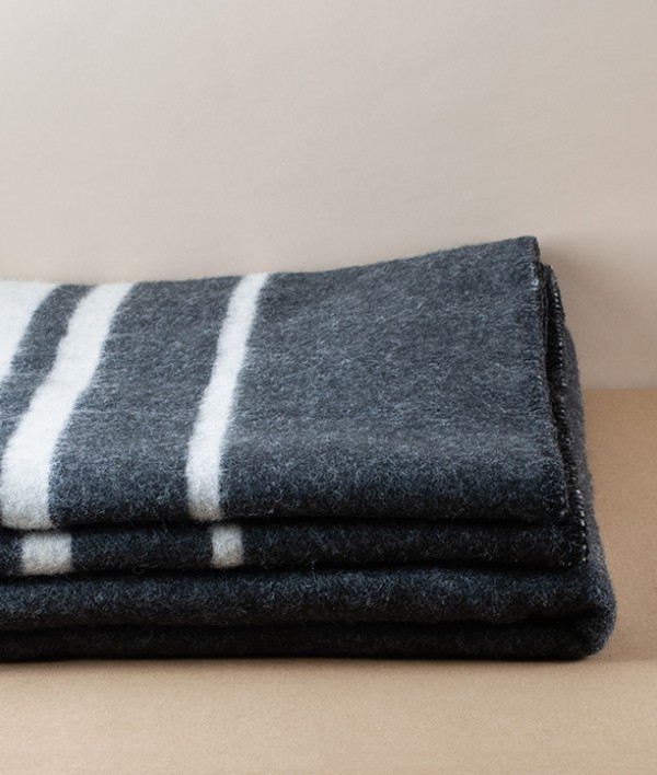 Finnish Thick Wool Blanket with Stripes, Dark Grey & White