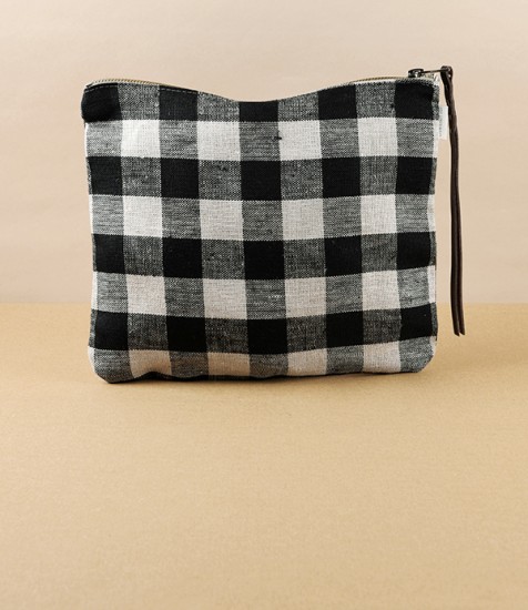 Lithuanian Linen Zippered Pouch, Black Check