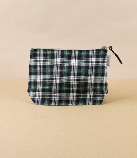 Lithuanian Linen Zippered Pouch with Gusset, Green Tartan