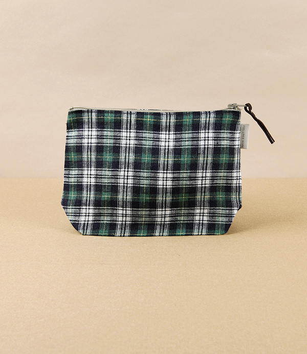 Lithuanian Linen Zippered Pouch with Gusset, Green Tartan