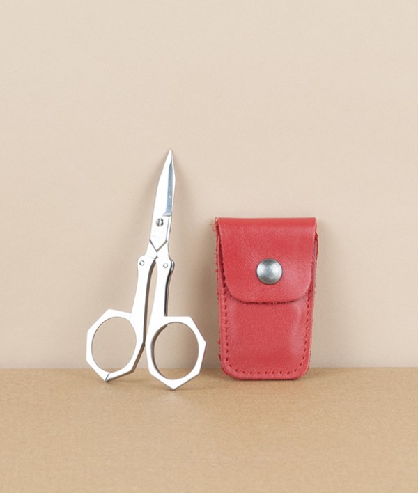 French folding scissors, red leather case