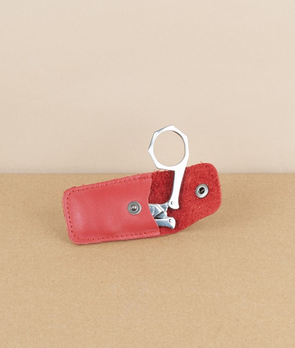 French folding scissors, red leather case