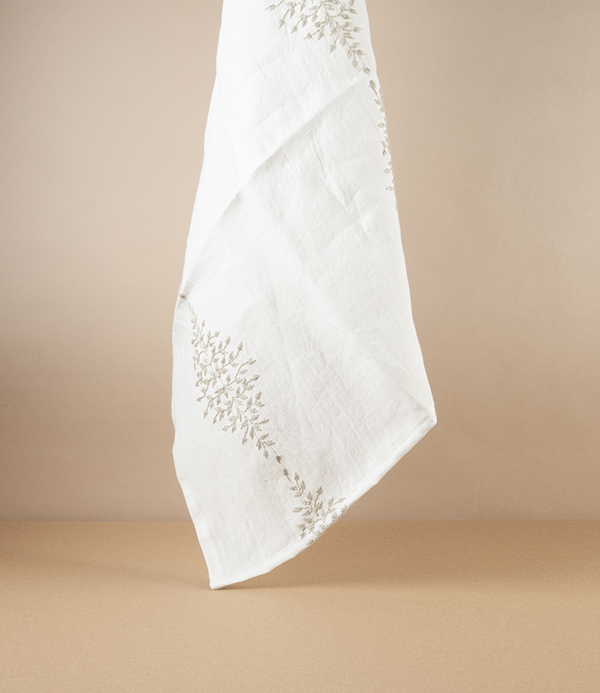 Embroidered French Linen Napkin, 'Reseda'
