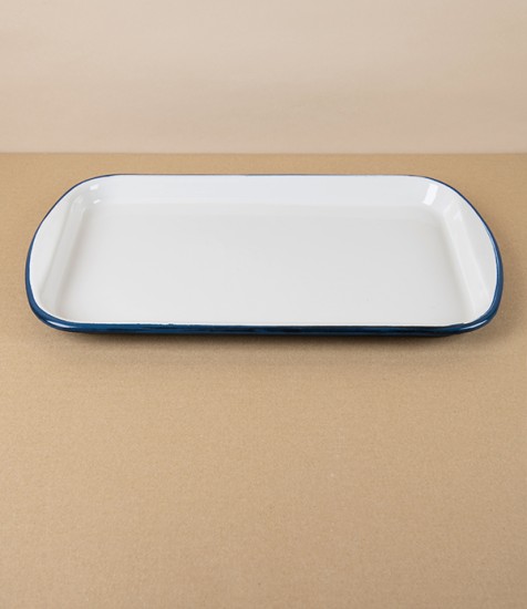 Romanian Enamel Baking Sheet with Hand-Painted Blue Rim 