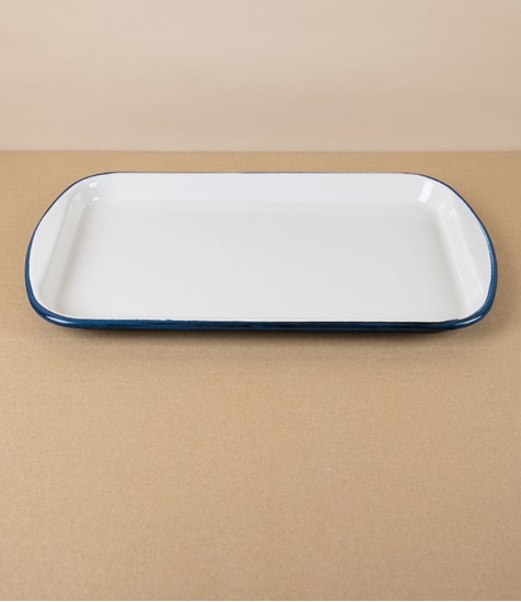 Romanian Enamel Baking Sheet with Hand-Painted Blue Rim 