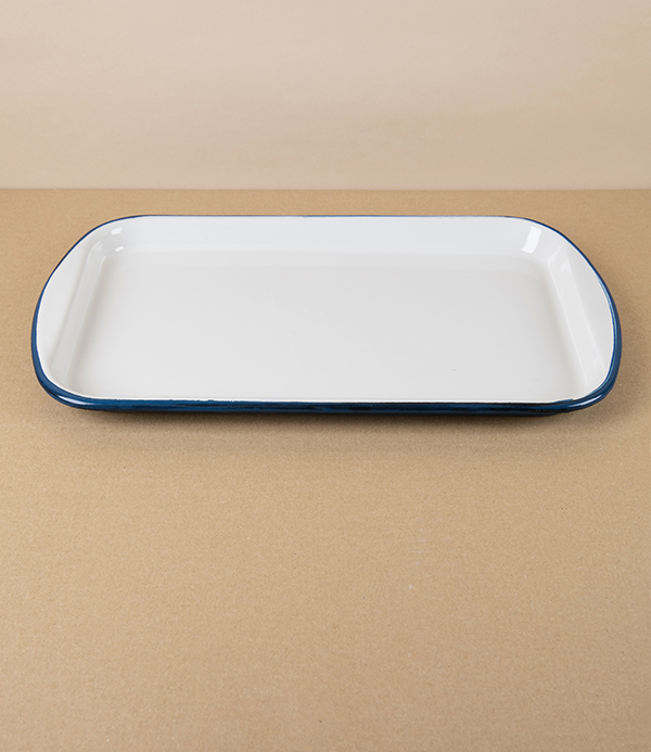 Romanian Enamel Baking Sheet with Hand-Painted Blue Rim 
