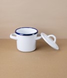 Romanian Enamel Small Lidded Pot with Hand-Painted Navy Rim 