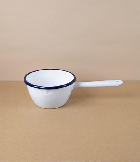 Romanian Enamel Conical Saucepan with Hand-Painted Navy Rim 