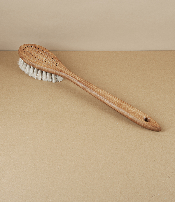 Swedish Long Handled Bathing Brush, Oiled Oak & Horsehair
