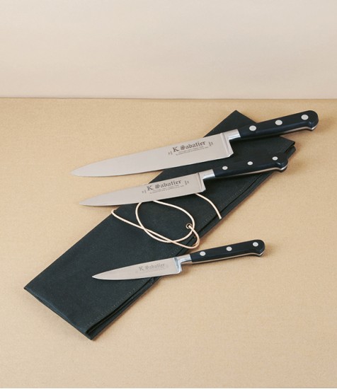 Sabatier K Knife Set with Roll, Black Handle, Stainless Steel