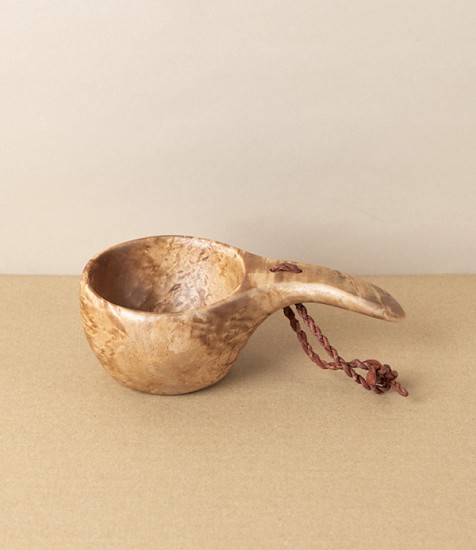 Hand Carved Curly Birch Kuksa with Twisted Leather Hanging Loop