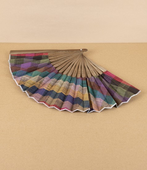 Kurume Kasuri Folding Fan with Pouch, Colourful Checks