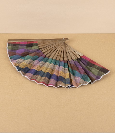 Kurume Kasuri Folding Fan with Pouch, Colourful Checks