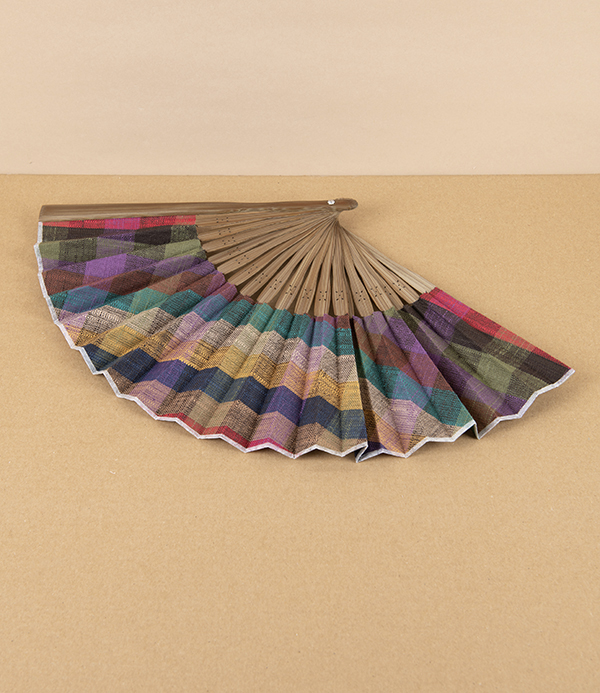 Kurume Kasuri Folding Fan with Pouch, Colourful Checks
