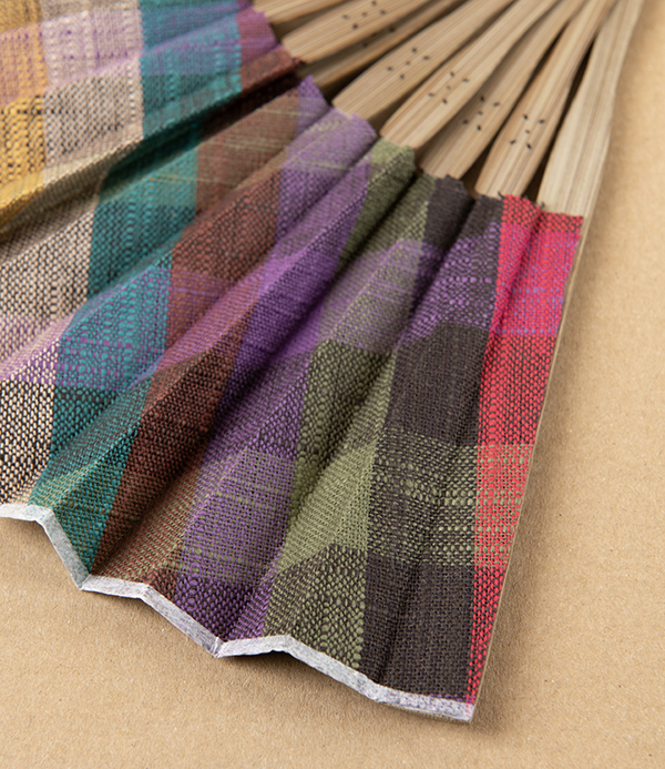 Kurume Kasuri Folding Fan with Pouch, Colourful Checks