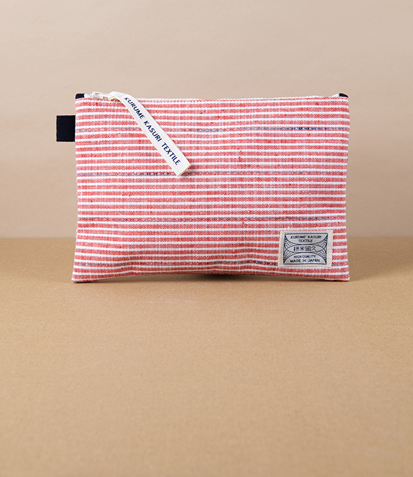 Kurume Kasuri Japanese Cotton Pouch, Red Stripes