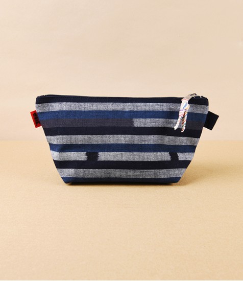 Geimon Kurume Kasuri Wash Bag, Indigo Multi-Stripe