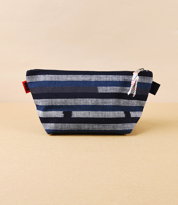 Geimon Kurume Kasuri Wash Bag, Indigo Multi-Stripe