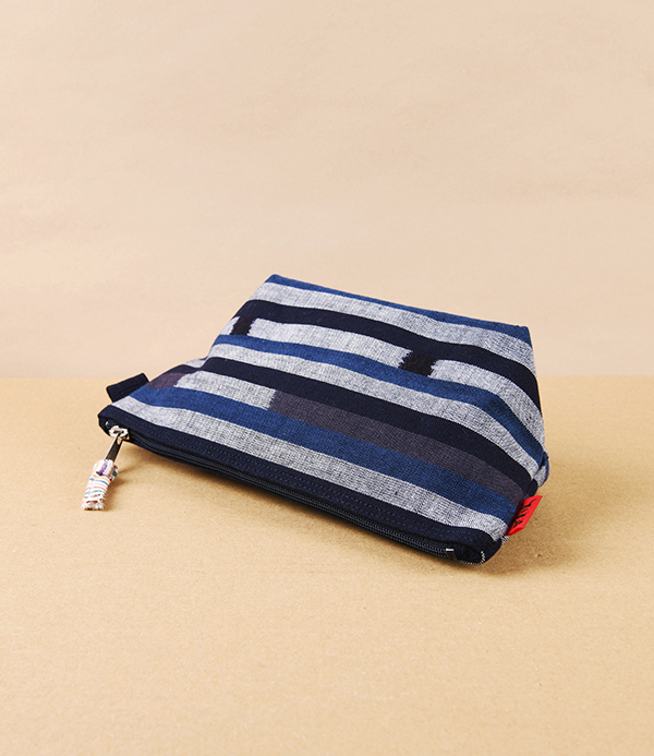 Geimon Kurume Kasuri Wash Bag, Indigo Multi-Stripe