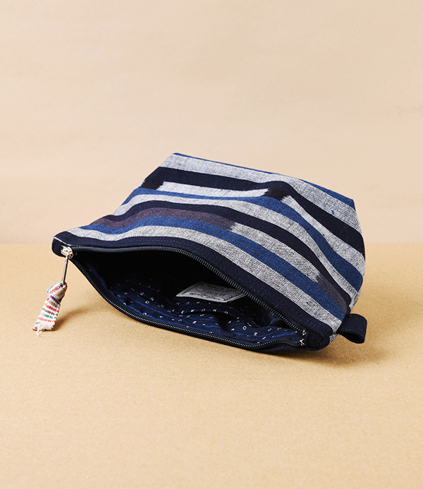 Geimon Kurume Kasuri Wash Bag, Indigo Multi-Stripe