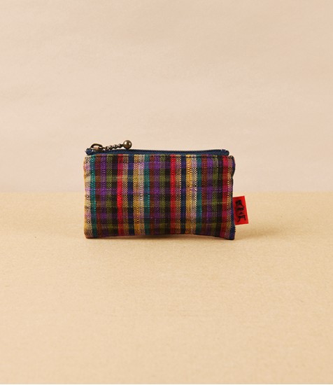 Kurume Kasuri Rectangular Cotton Pouch, Colour Plaid