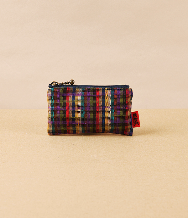Kurume Kasuri Rectangular Cotton Pouch, Colour Plaid