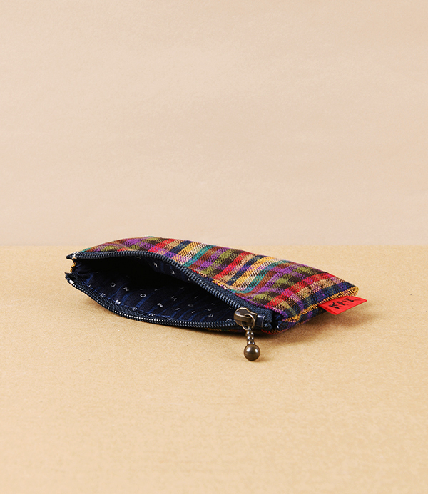 Kurume Kasuri Rectangular Cotton Pouch, Colour Plaid