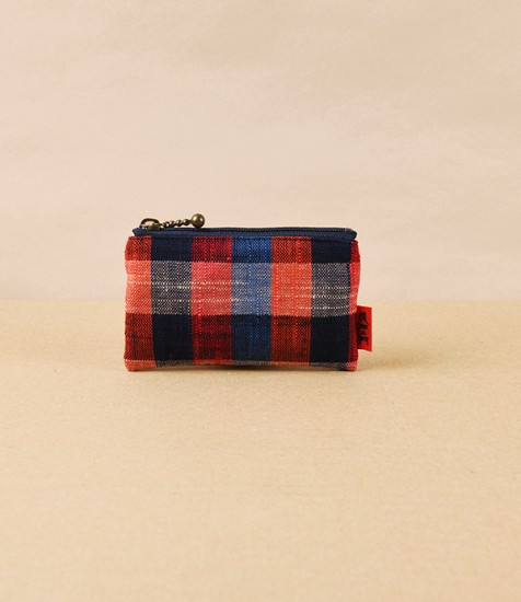 Kurume Kasuri Rectangular Cotton Pouch, Red & Blue