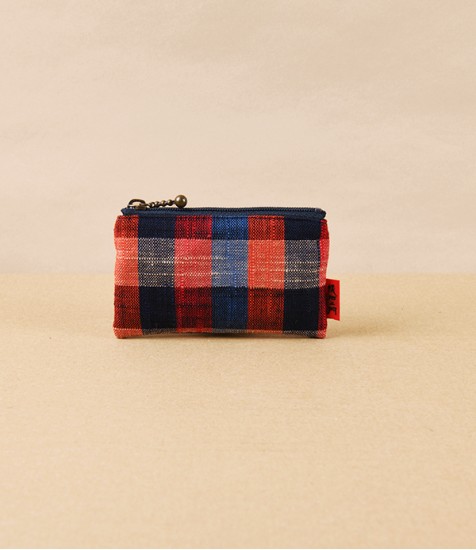 Kurume Kasuri Rectangular Cotton Pouch, Red & Blue