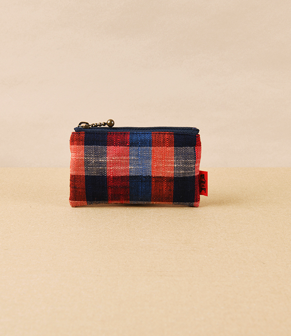 Kurume Kasuri Rectangular Cotton Pouch, Red & Blue