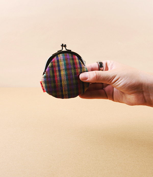 Kurume Kasuri Round Coin Purse, Colourful Checks