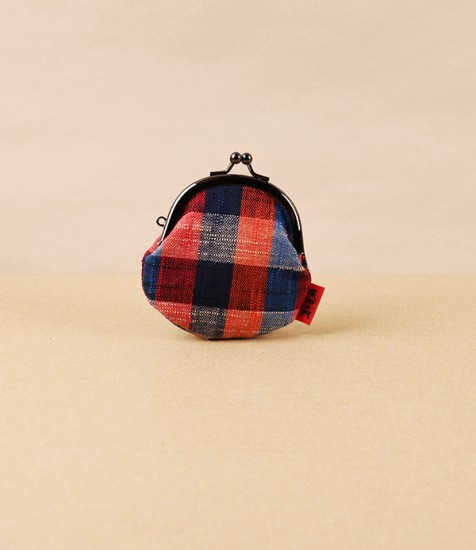 Kurume Kasuri Round Coin Purse, Red & Blue Check