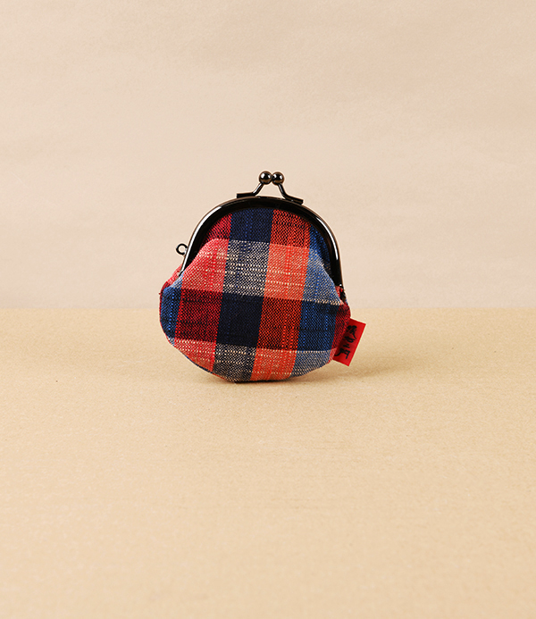 Kurume Kasuri Round Coin Purse, Red & Blue Check