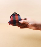 Kurume Kasuri Round Coin Purse, Red & Blue Check