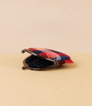 Kurume Kasuri Round Coin Purse, Red & Blue Check