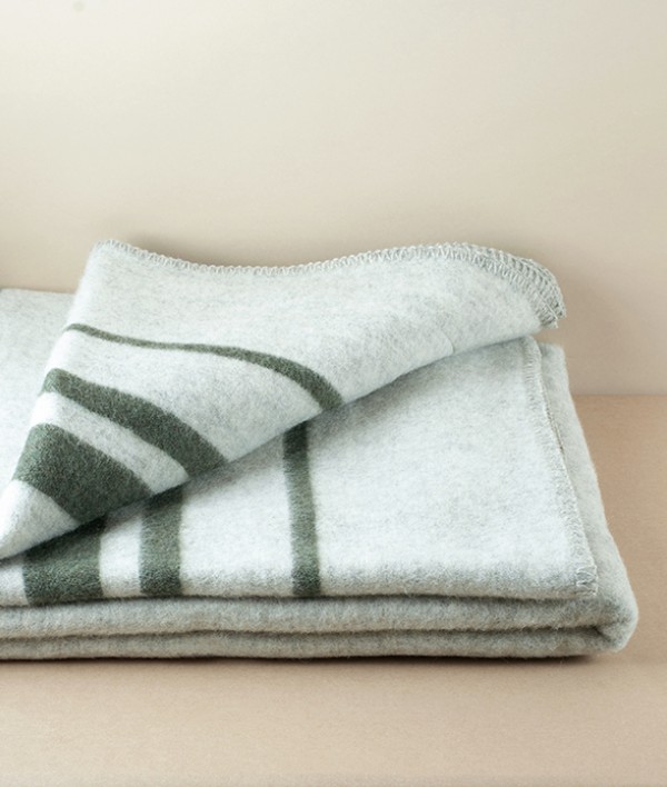 Finnish Thick Wool Blanket with Stripes, Light Grey & Green