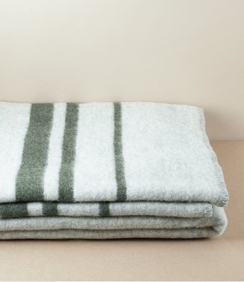 Finnish Thick Wool Blanket with Stripes, Light Grey & Green