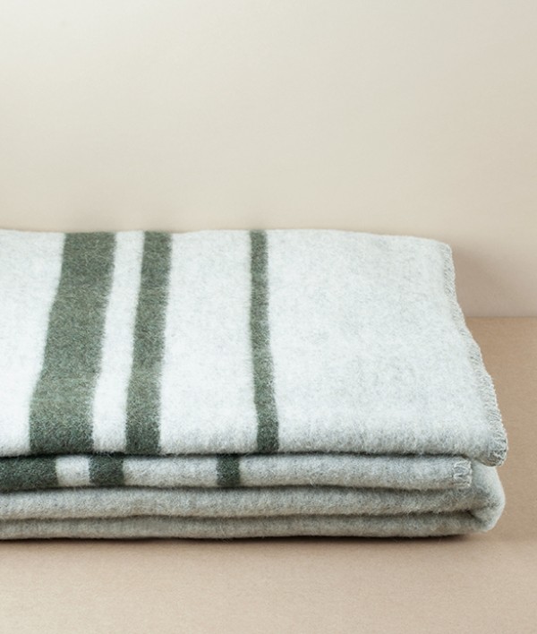 Finnish Thick Wool Blanket with Stripes, Light Grey & Green