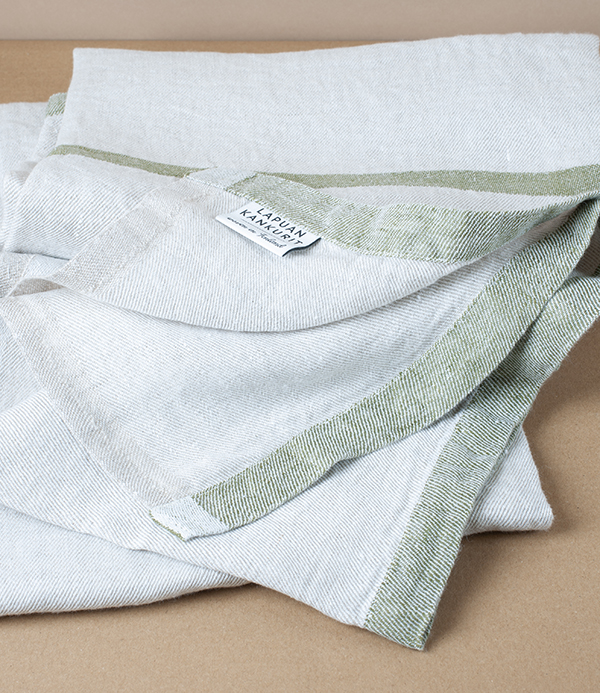 Finnish Washed Linen Flat-Weave Bath Towel, Olive Stripe