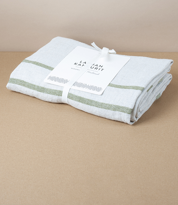 Finnish Washed Linen Flat-Weave Bath Towel, Olive Stripe