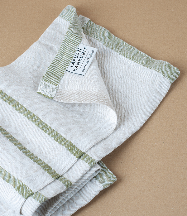 Washed Linen Hand Towel, Linen with Olive Stripe