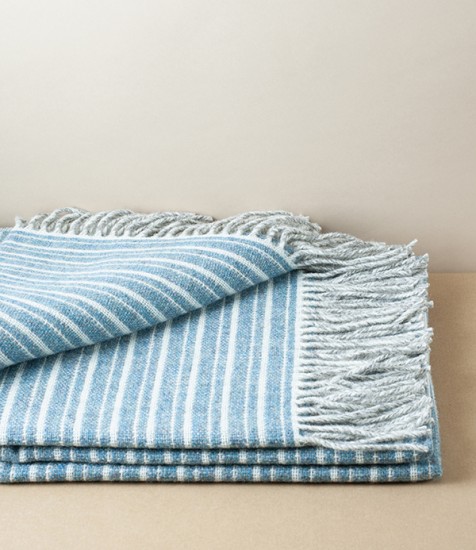 Maldwyn Stripe Woollen Blanket, Blue & Natural